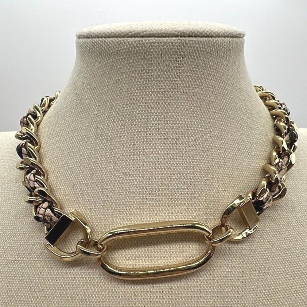 Gold Python Faux Leather Choker Necklace Y2K Glam Statement Flat Curb Chain